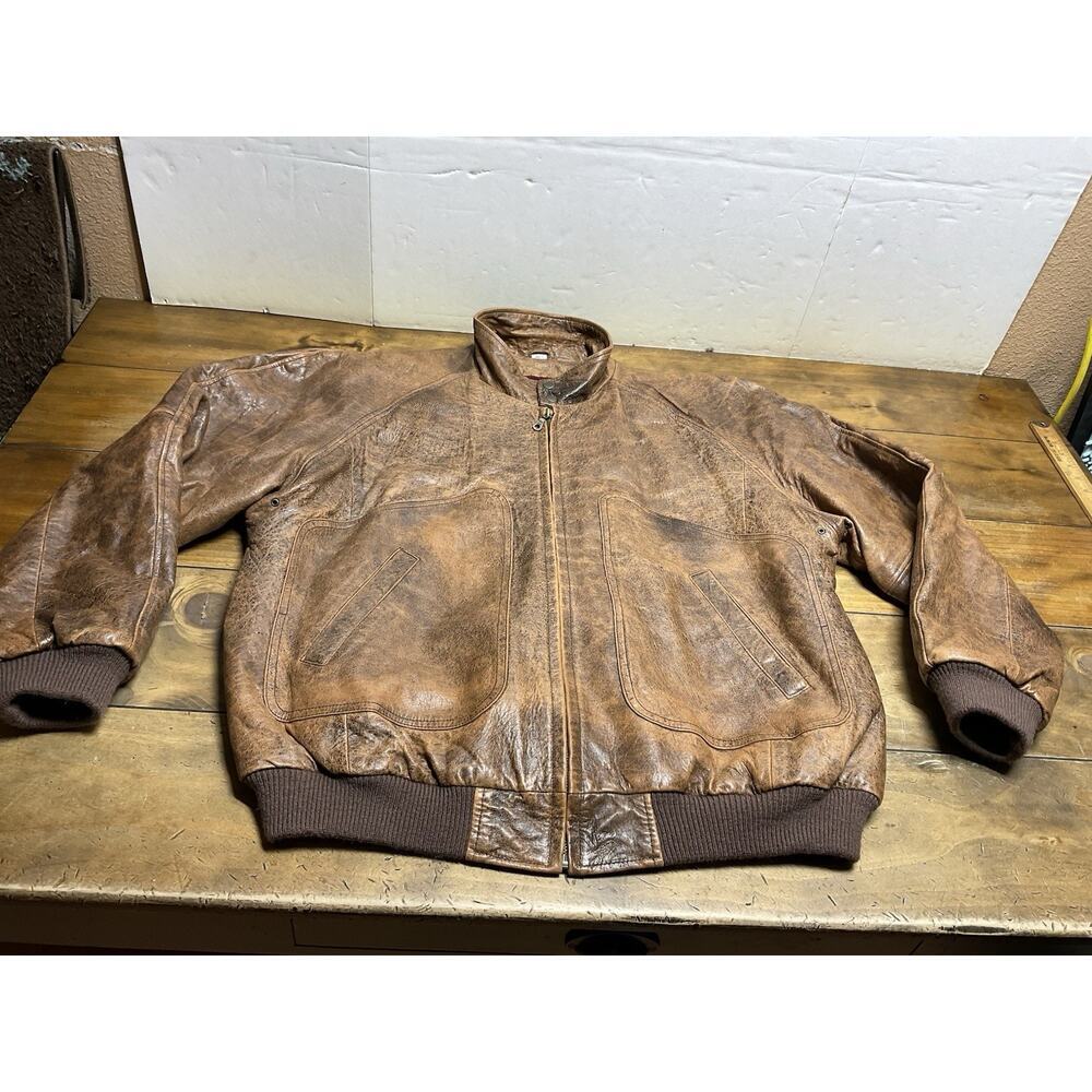 Context Vintage 90s Leather Bomber Jacket Brown Size Aztec Lining Full Zip XLT